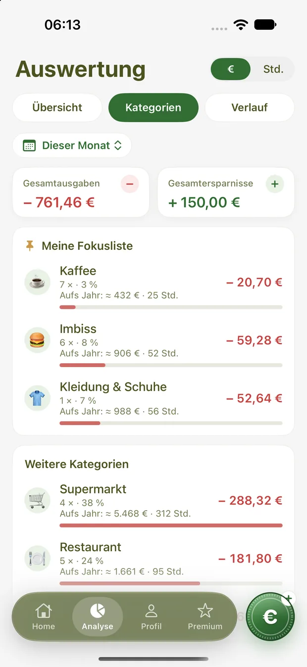 Ausgaben nach Kategorie mit Hochrechnung aufs Jahr