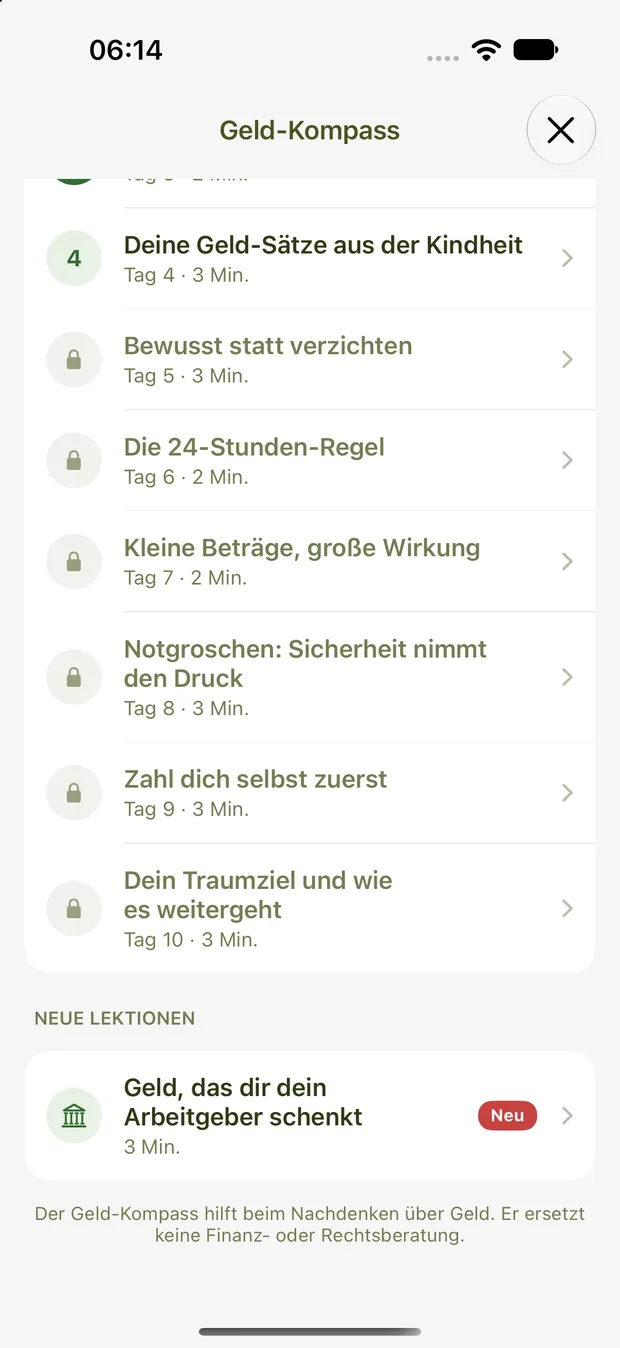 Lektionen des Geld-Kompass, darunter der Zuschuss-Check