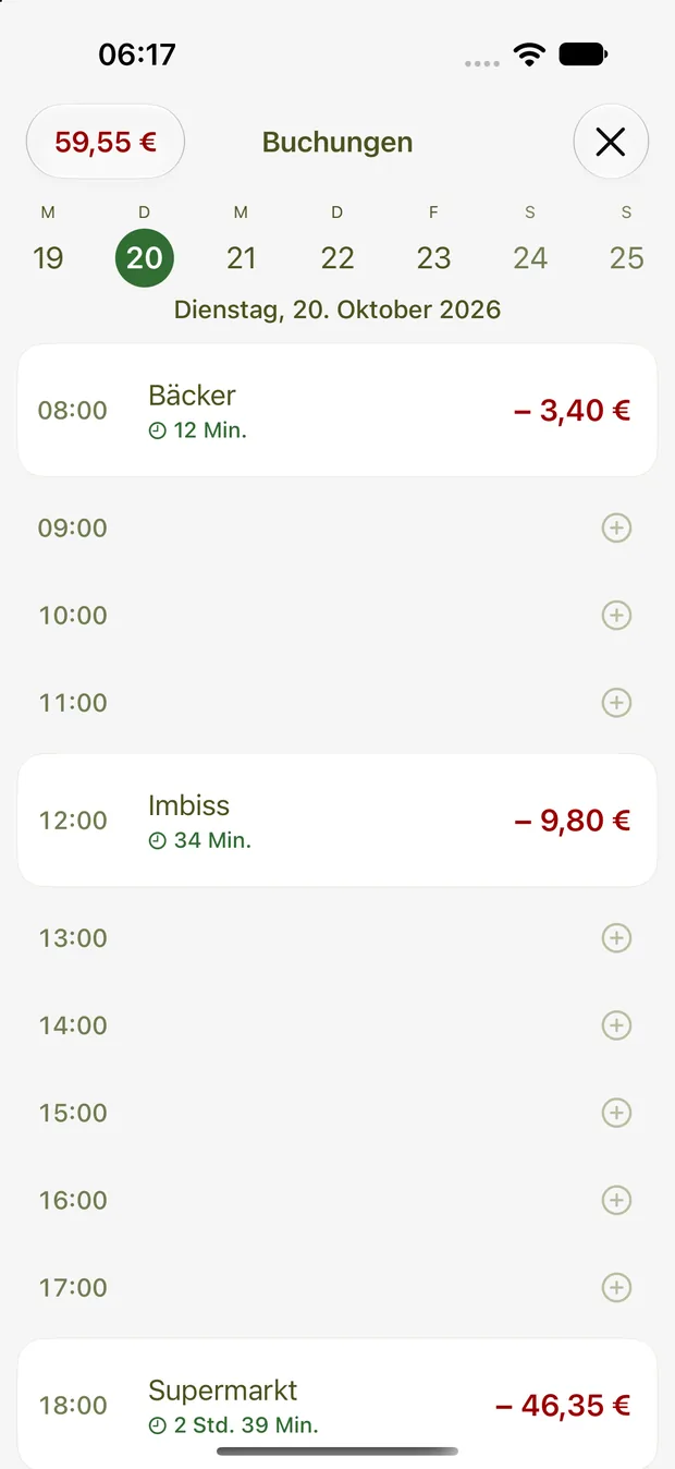 Buchungen eines Tages im Stundenraster