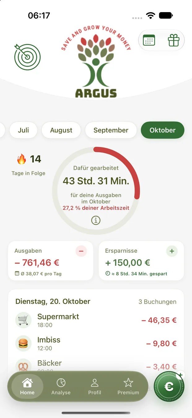 Startseite der Argus Money-App mit Lebenszeit-Ring und den Buchungen des Tages