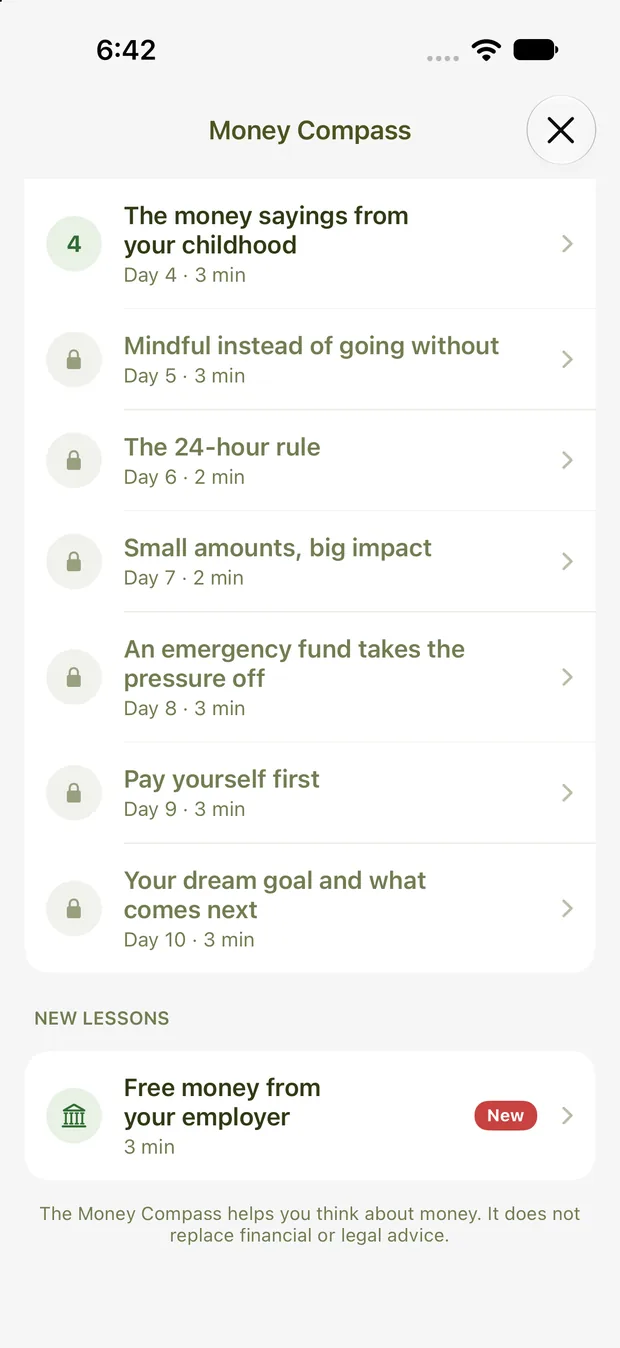Money Compass lessons, including the Employer match check