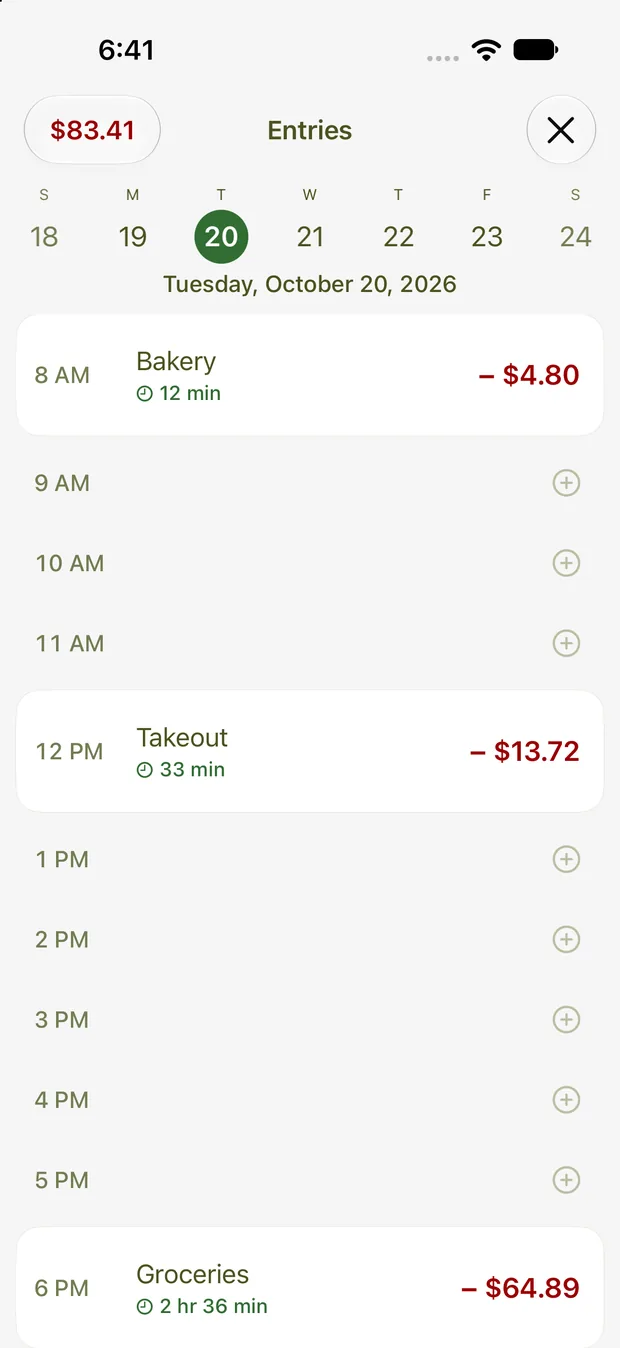 A day’s entries on an hourly timeline
