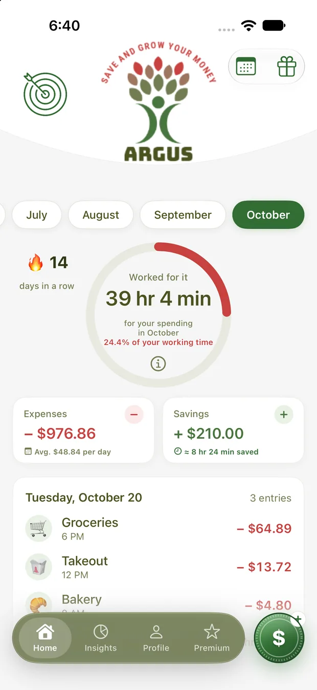 Argus Money home screen with the life time ring and the day’s entries
