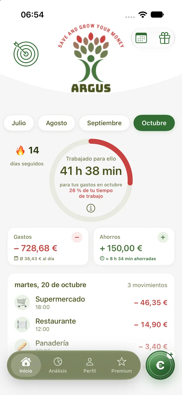 Pantalla de inicio de la app Argus Money con el anillo de tiempo de vida y los movimientos del día