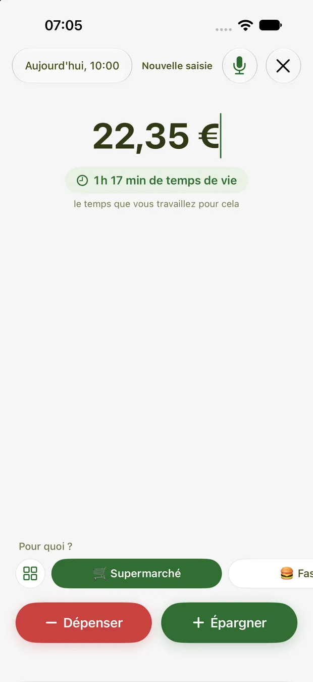 Nouvelle saisie avec montant et temps de vie