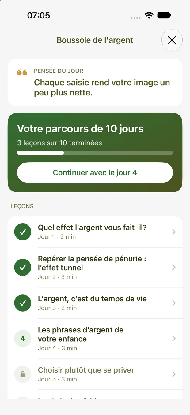 Boussole de l'argent : pensée du jour et parcours de 10 jours