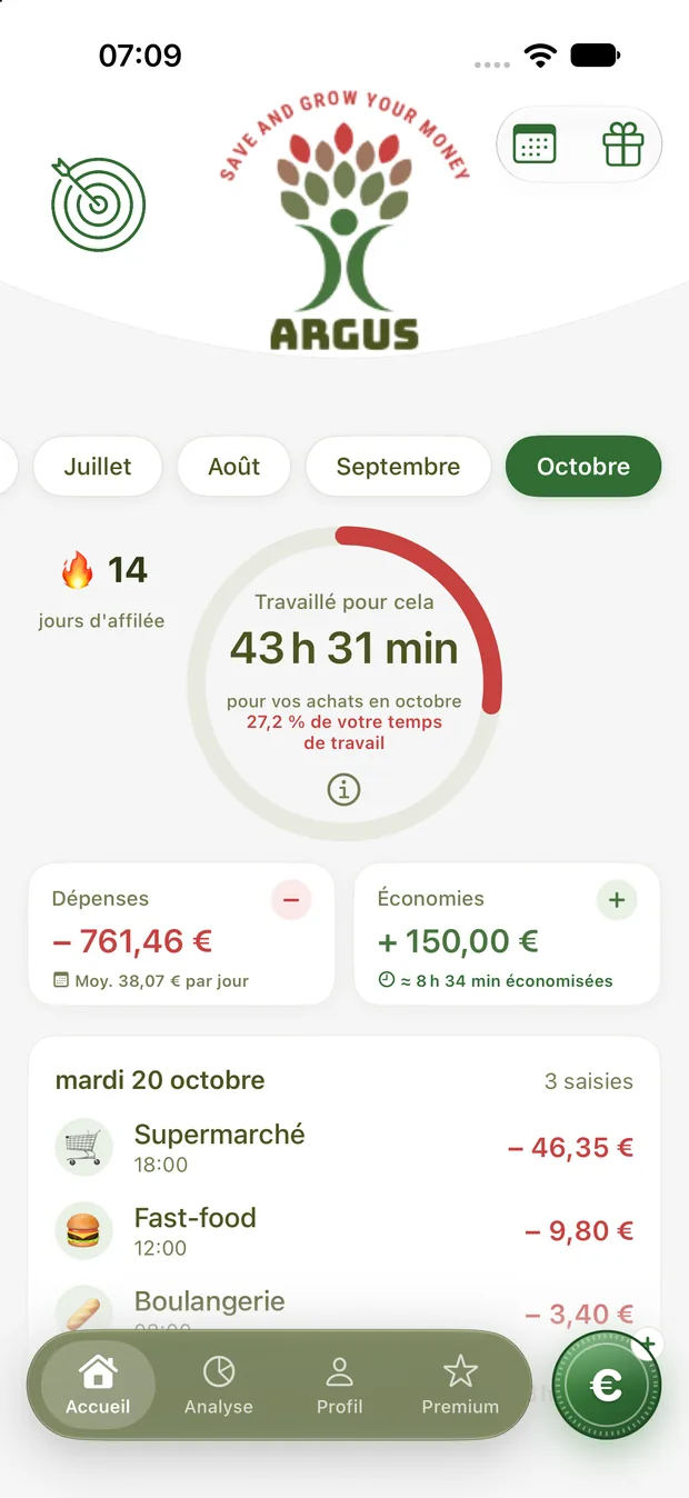 Écran d'accueil de l'app Argus Money avec l'anneau de temps de vie et les saisies du jour