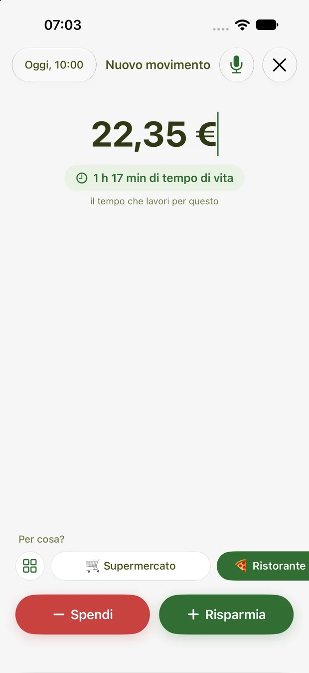 Nuovo movimento con importo e tempo di vita