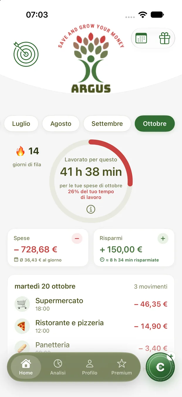 Schermata iniziale dell’app Argus Money con l’anello del tempo di vita e i movimenti del giorno