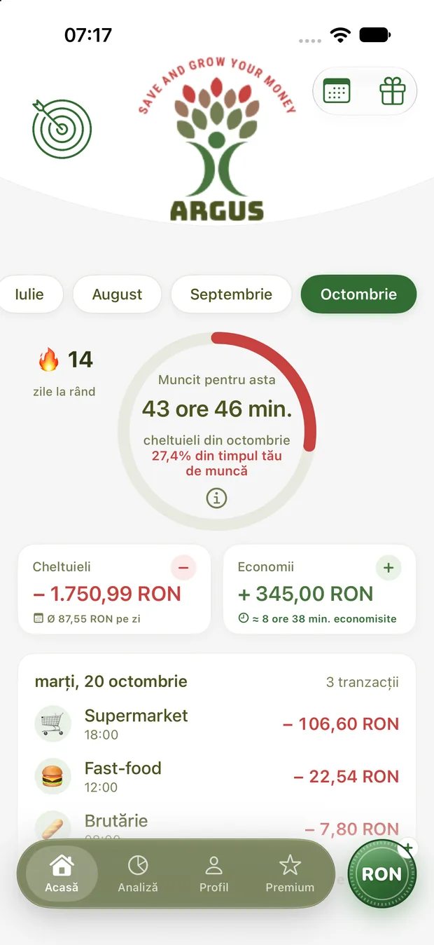 Ecranul principal al aplicației Argus Money cu inelul timpului de viață și tranzacțiile zilei